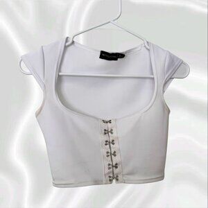 PrettyLittleThing White Hook & Eye Crop Top Short Sleeve Y2K XS